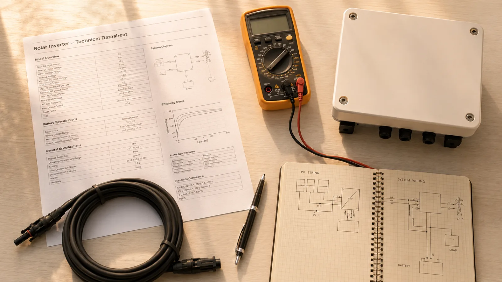 Profi-Arbeitsplatz: Wechselrichter-Datenblatt, Multimeter und Mini-PV-Komponenten auf einem Wiener Werktisch