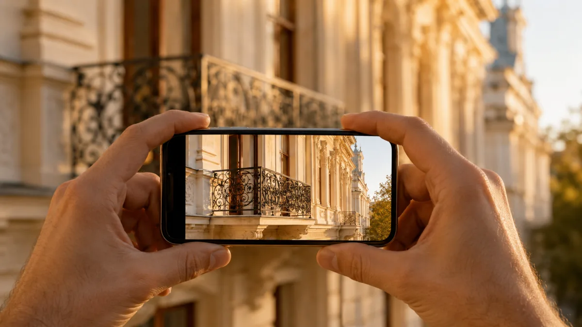 Smartphone-Kamera fotografiert den Wiener Altbau-Balkon für die Beratung